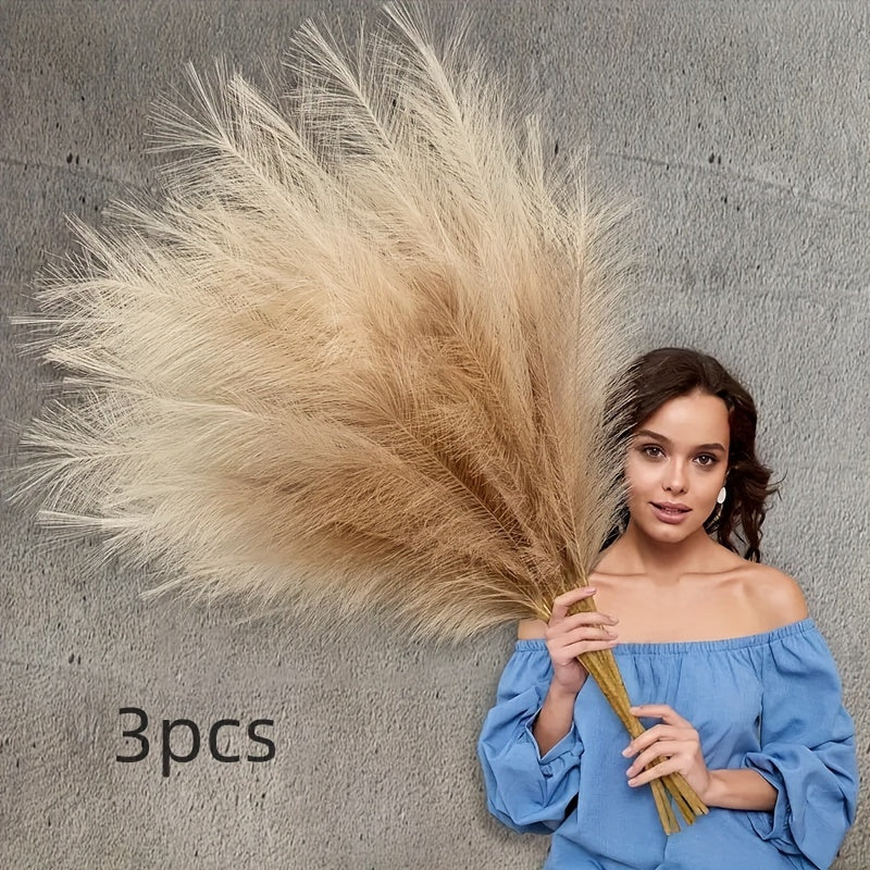 3 lifelike pampas grass decor pieces, 86.36cm fluffy faux pampas for boho home and wedding accents. Perfect for vases, bedrooms, offices, and cafes. Ideal gift for Valentine's, birthdays, and Mother's Day.