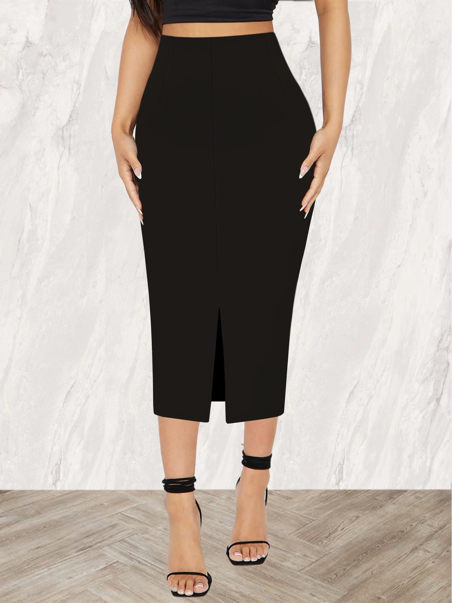 Stylish black midi skirt for women with a chic slim silhouette, high-waisted design, and side slit, made with a stretchy rayon blend ideal for spring/summer fashion.