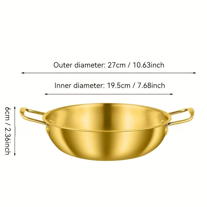 Kitchen cooking noodle pot made of 1 piece stainless steel with a golden thread design.