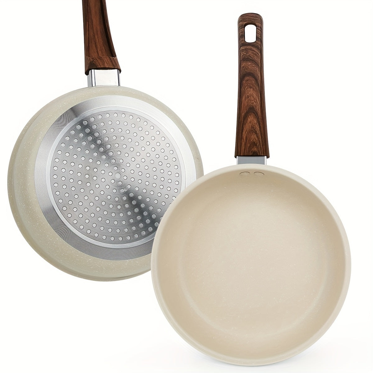 Versatile aluminum skillet with premium non-stick coating for breakfast, steak, and bacon. Features a heat-resistant white handle and is compatible with all stovetops.