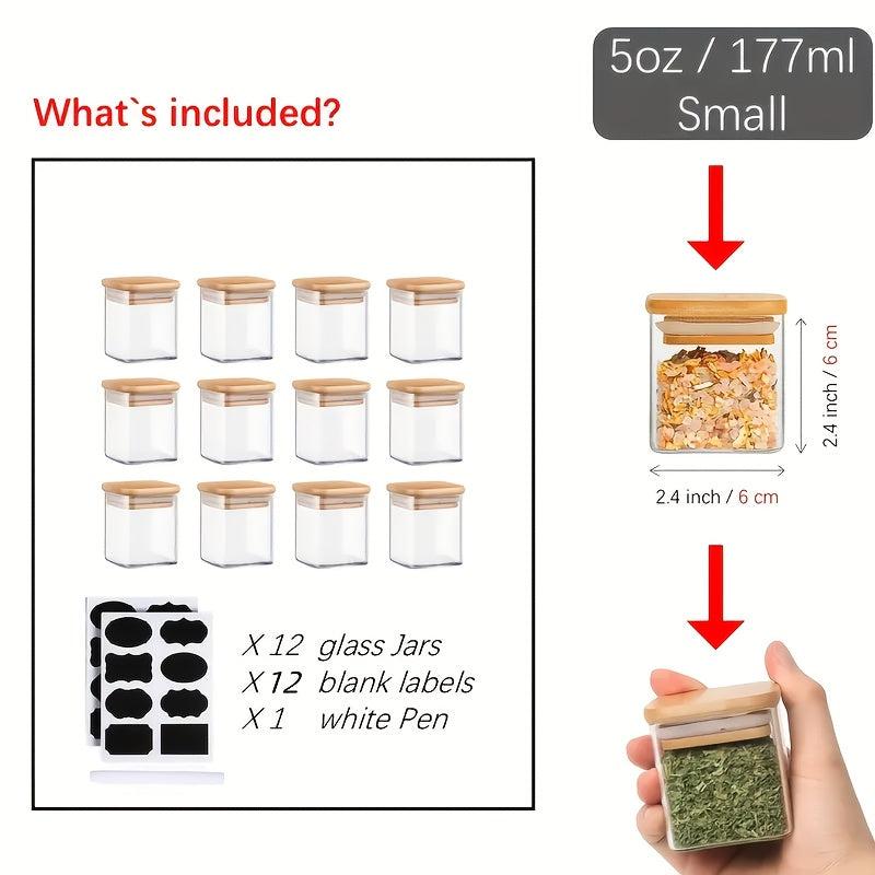 The bundle includes 12 glass spice jars with bamboo lids and labels, square containers perfect for storing seasonings. These jars come with secure lids and are made of lead-free glass, making them essential kitchen tools and accessories for keeping your