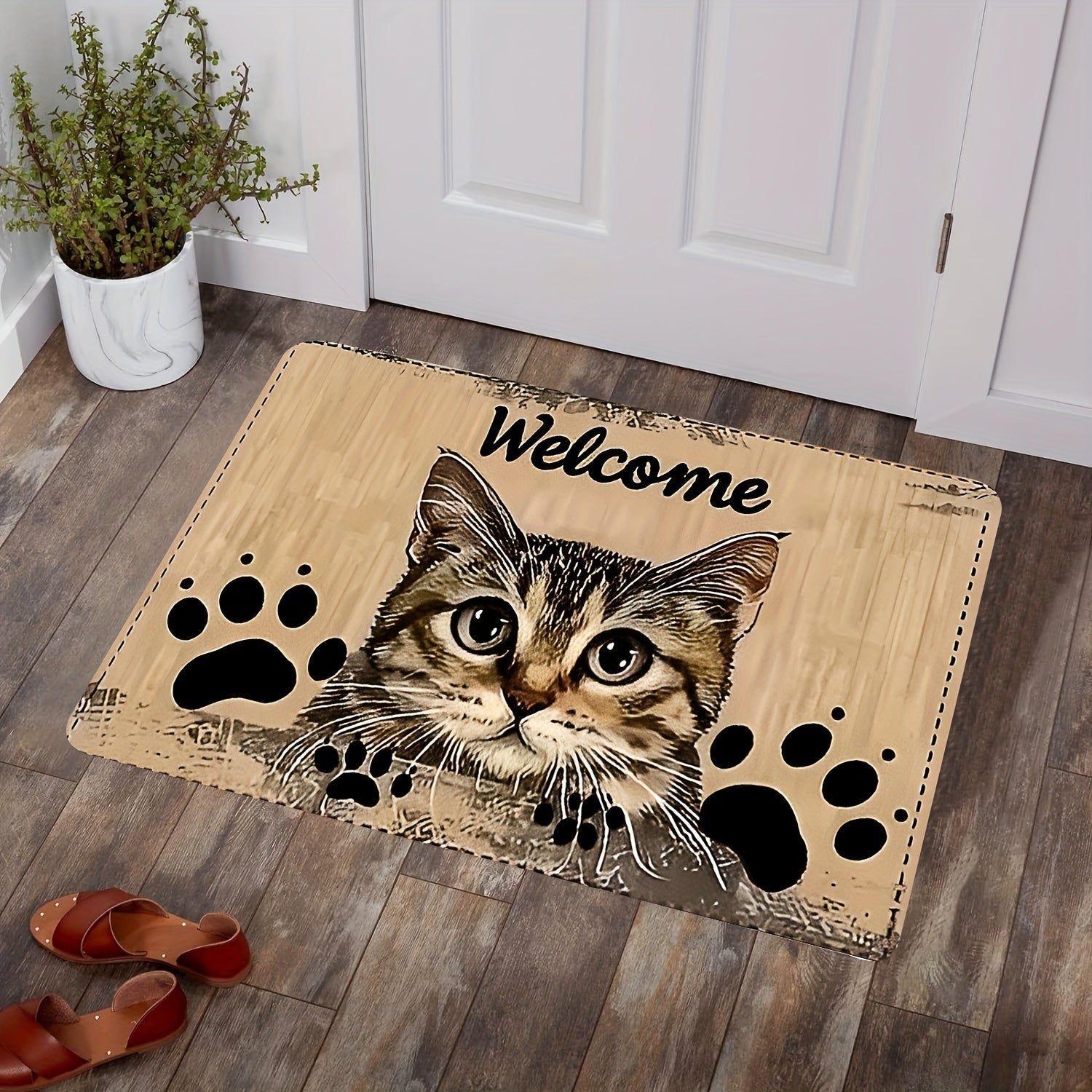 Charming Cat Design Welcome Mat - Durable, Grip-Enhancing, Easy-Clean Polyester Rug for Living Room, Bedroom, or Game Area