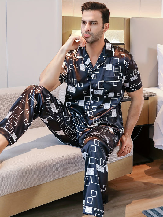 Men's geometric print pajama set with short-sleeve top and long pants, includes lightweight summer cardigan loungewear.