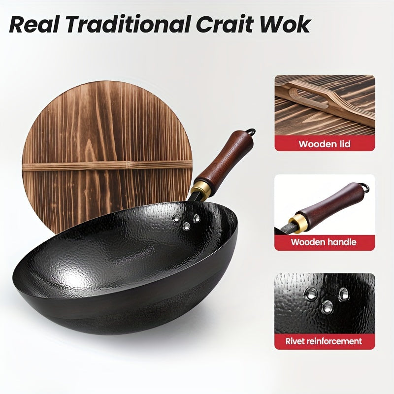 Hand-Forged Traditional Cast Iron Wok with Wooden Lid and Handle - Healthy Coating-Free Cooking - Rivet Reinforcement - 32cm Chef's Pan