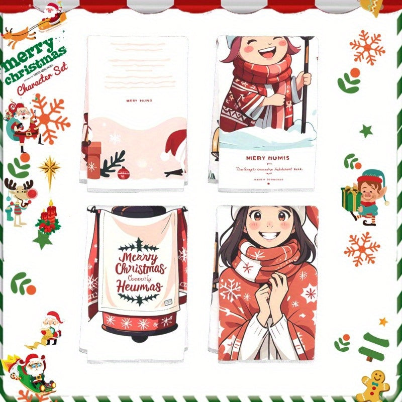 4 pieces of 18 by 66.04 cm Merry Christmas kitchen decorations, including soft Christmas kitchen towels with snowflake and snow Christmas tree design. Perfect for gifting or adding festive decor to your kitchen. Made with CUDMZ fabric.