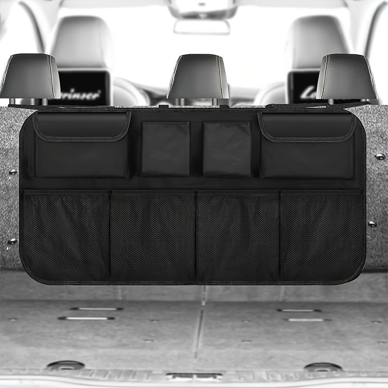 1pc Durable Polyester Car Trunk & Seat Organizer with 8 pockets and adjustable straps for organizing tools, bottles, and accessories.