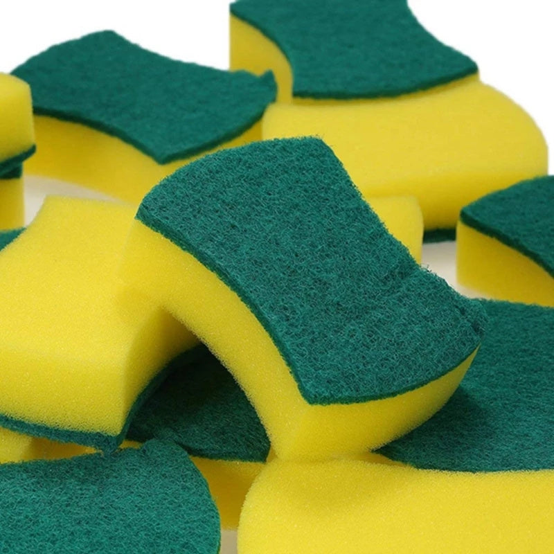 Polyurethane Dual-Sided Cleaning Sponges, in packs of 10, 12, or 24. Yellow-Green color, offering strong decontamination for use outdoors, in the kitchen, on the patio, and on furniture.