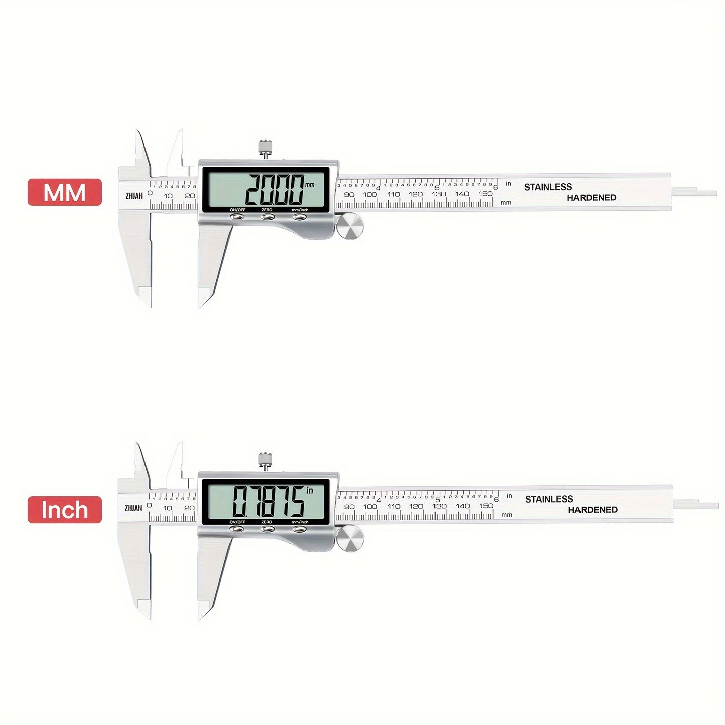 Stainless steel digital caliper with large display, automatic shut-off, and inch/mm conversion. Battery powered with non-rechargeable button battery.