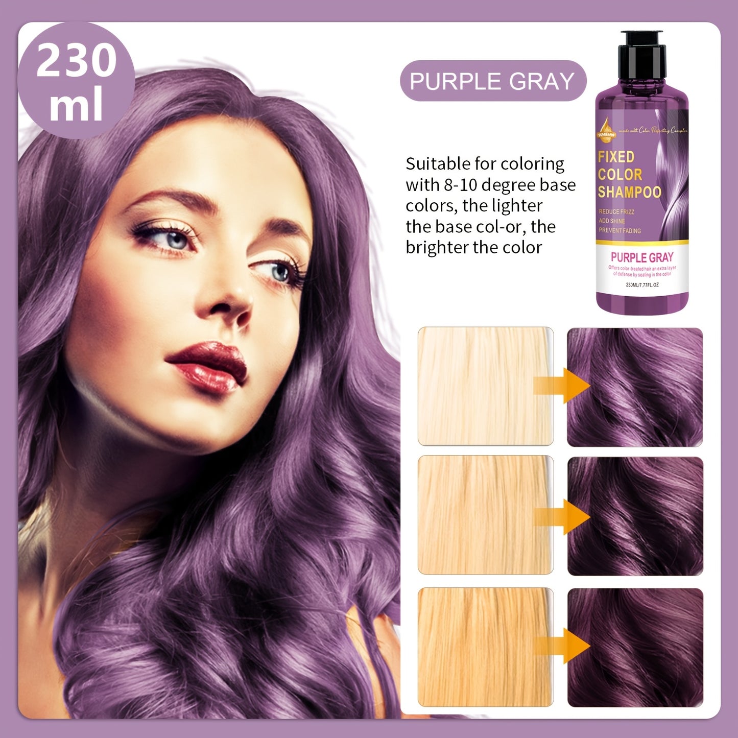 230 ml bottle of purple-gray tinted shampoo suitable for both men and women. Moisturizing coconut oil conditioner ideal for dry hair. Can be used daily for cosmetic purposes.