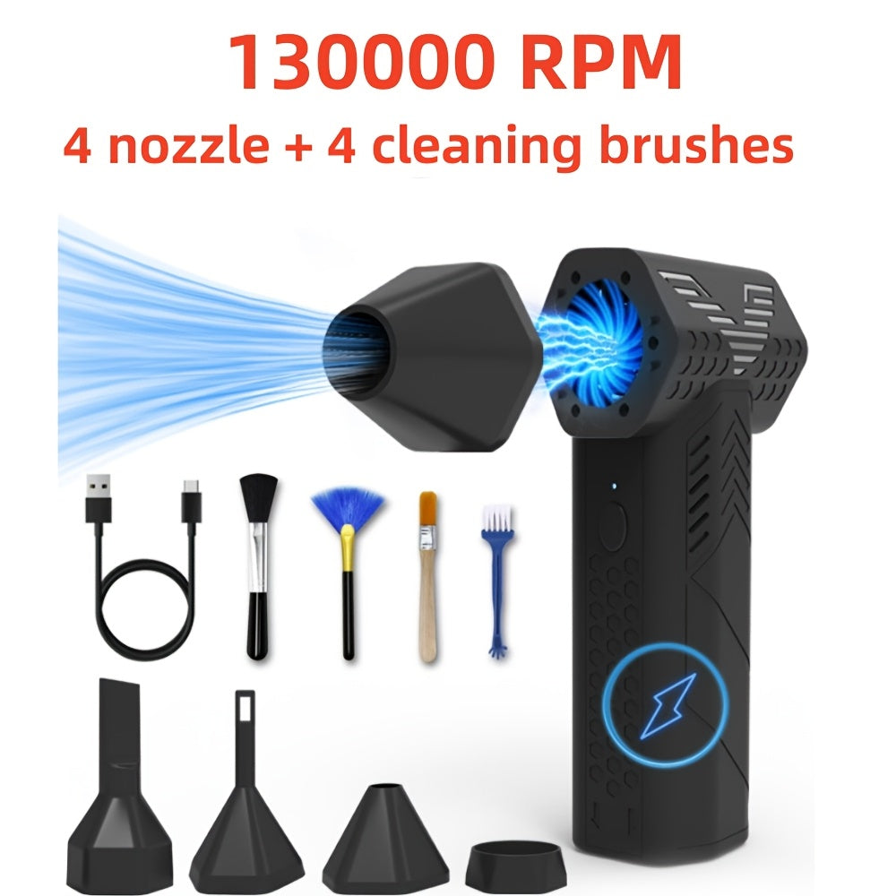 Portable High-Speed Mini Turbo Jet Fan with USB Rechargeable 7500mAh Lithium Battery, 130,000 RPM, ABS Material, Includes Vacuuming Kit, Multiple Nozzles & Cleaning Brushes, Suitable for Home, Office, Car Drying, Indoor & Outdoor Use, Great Gift for Tech