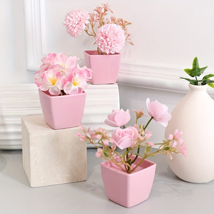 1 set of 3 mini decorative artificial flowers (rose, peach blossom, orchid pink) in small pots, perfect for weddings, home or office decor.