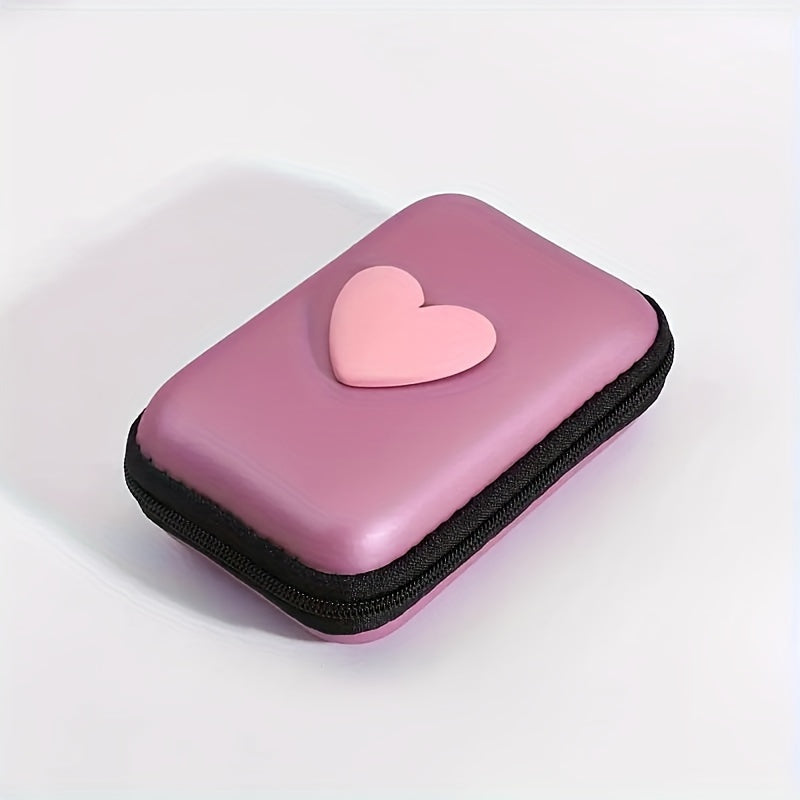 Heart-shaped storage bag for earphones, data cables, and chargers with anti-fall zipper.