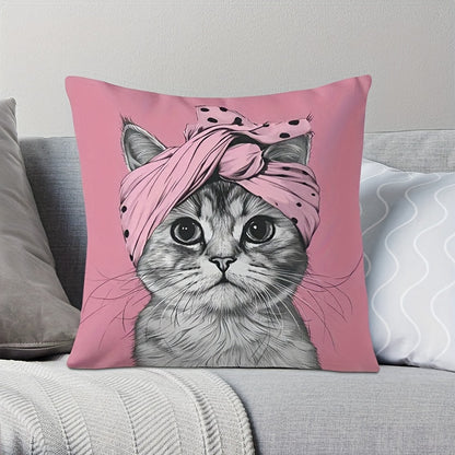 Reversible cat-themed throw pillow cover with pink turban design. Made of 100% polyester with zipper closure. Machine washable. Measures 45.72x45.72 cm. Perfect for bedroom, living room, and other rooms. 1pc, no insert included.