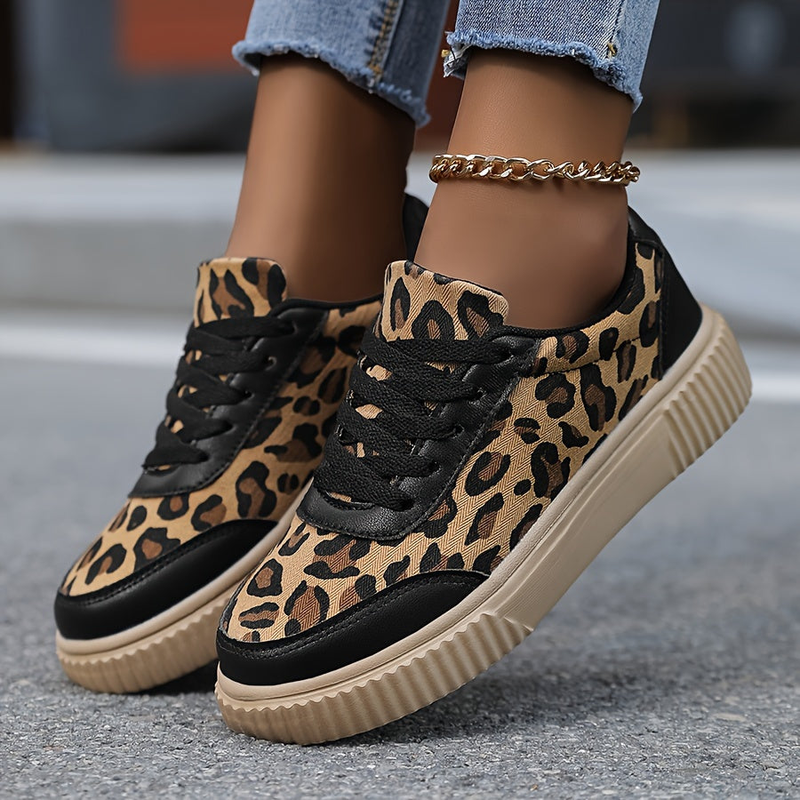 Women's Leopard Print Sneakers, Lightweight Athletic Platform Shoes