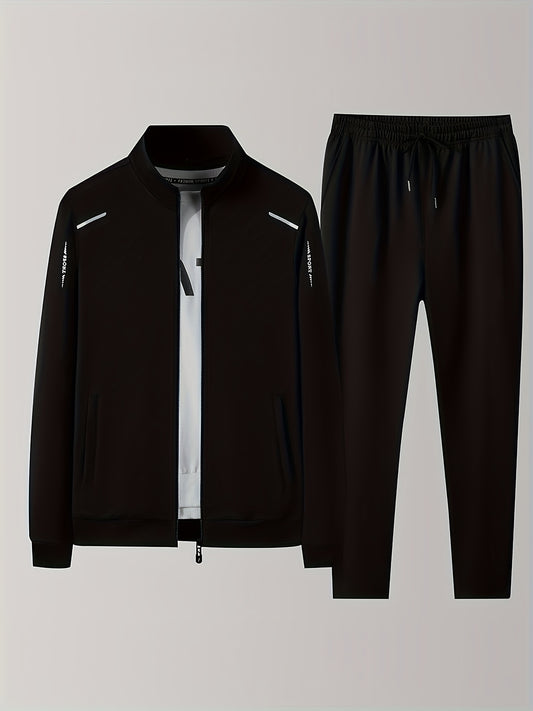 Polyester tracksuit set for men with jacket and long pants in solid color.