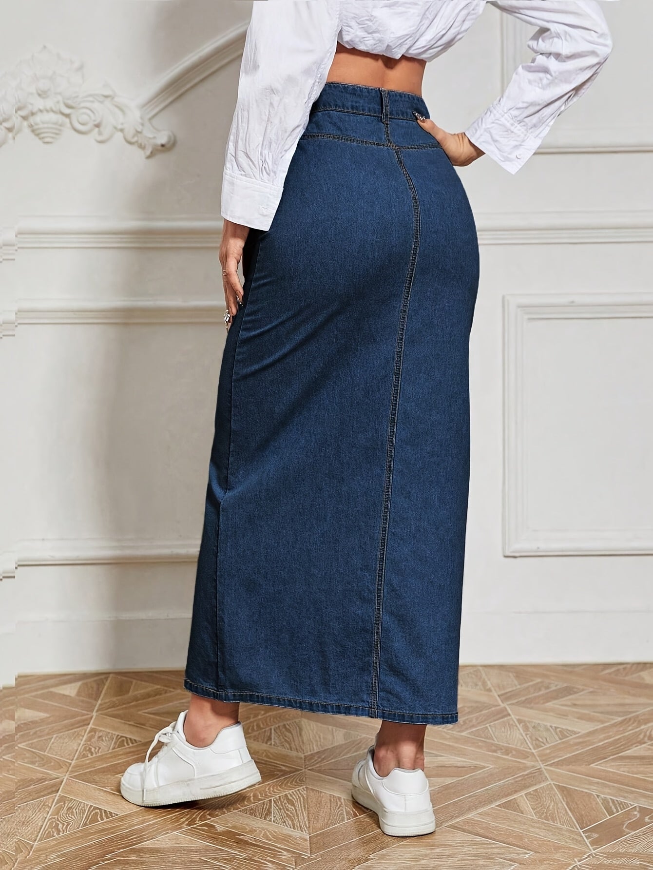 Denim midi skirt for women with high waist, solid color, front button detail, medium stretch fabric, straight cut, ideal for spring/summer/fall.