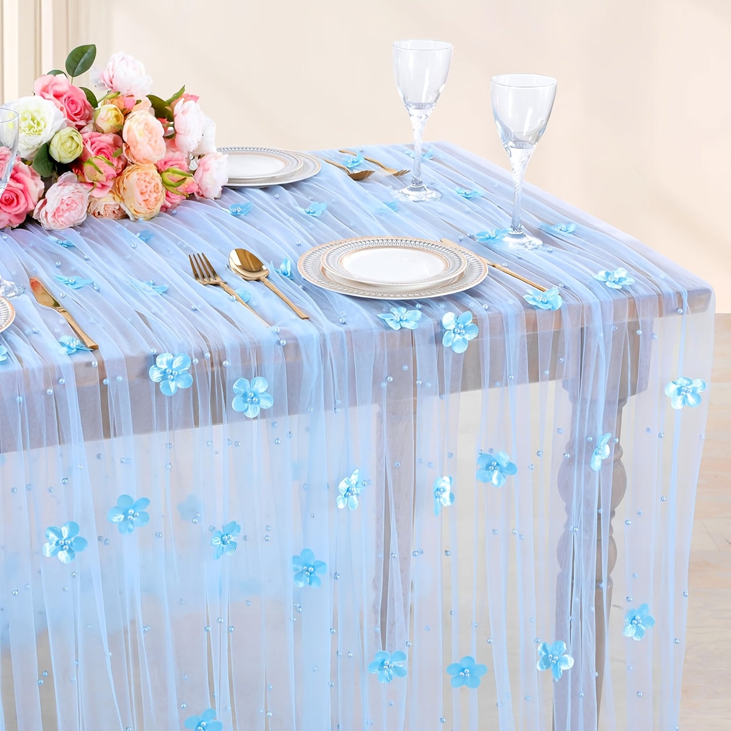 Elegant pearl bead tulle table runner, perfect for weddings and parties. Can also be used as a chair sash or backdrop drape. Made from 100% polyester fabric with delicate bead detailing.