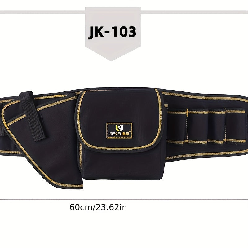 Multifunctional tool waist bag made of waterproof Oxford cloth, with a buckle closure and convenient hook and loop tape for easy access.