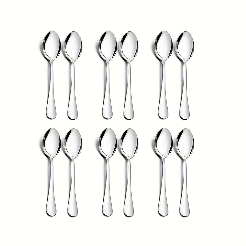 Set of 12 mini stainless steel coffee spoons, measuring 13.46cm in length. Perfect for use with espresso and desserts at home, restaurants, or cafes. These spoons are dishwasher safe, with a polished silvery finish. Ideal for use as espresso accessories