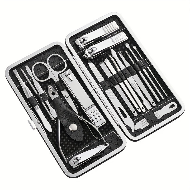 19-piece stainless steel personal care set with manicure nail clippers, ear picking spoon, and travel case.