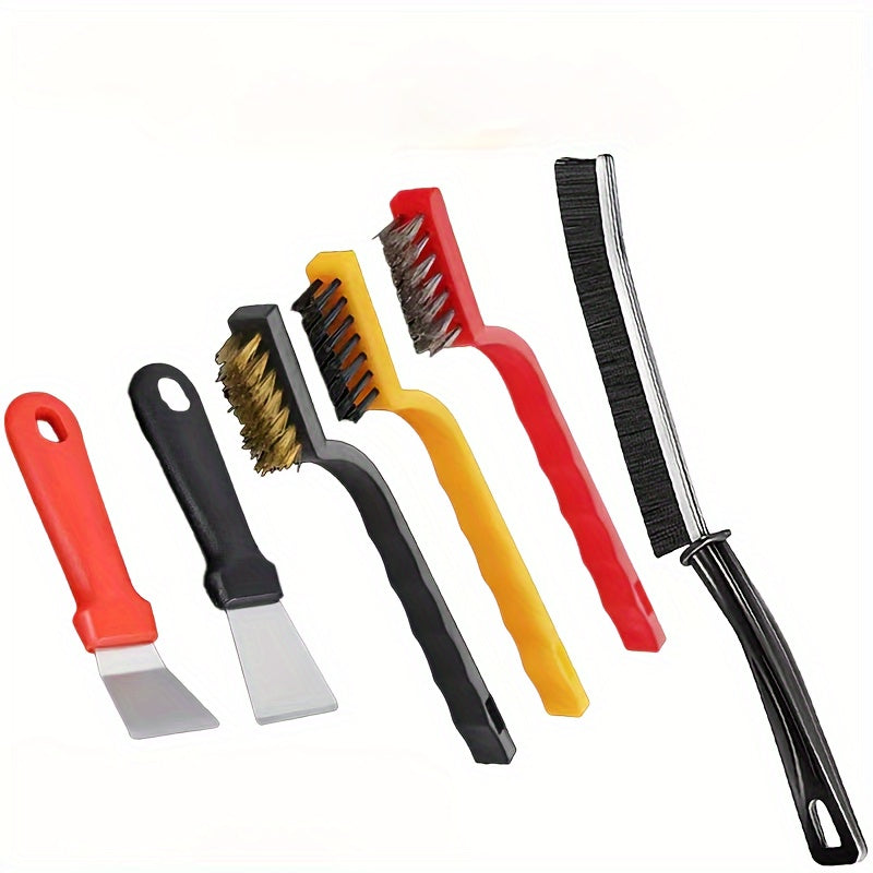 Kitchen Cleaning Set includes six pieces of metal and plastic scrapers and brushes for multipurpose stove and hood degreasing. These tools are perfect for home use in various areas such as the living room, bedroom, bathroom, toilet, and kitchen, and they