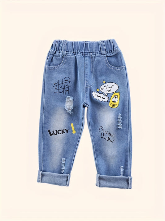 Distressed Chic, Cartoon Pattern Ripped Jeans for Boys, Elastic Waist Denim Pants, Clothing for Boys in All Seasons, Spring Autumn, Youngsters.