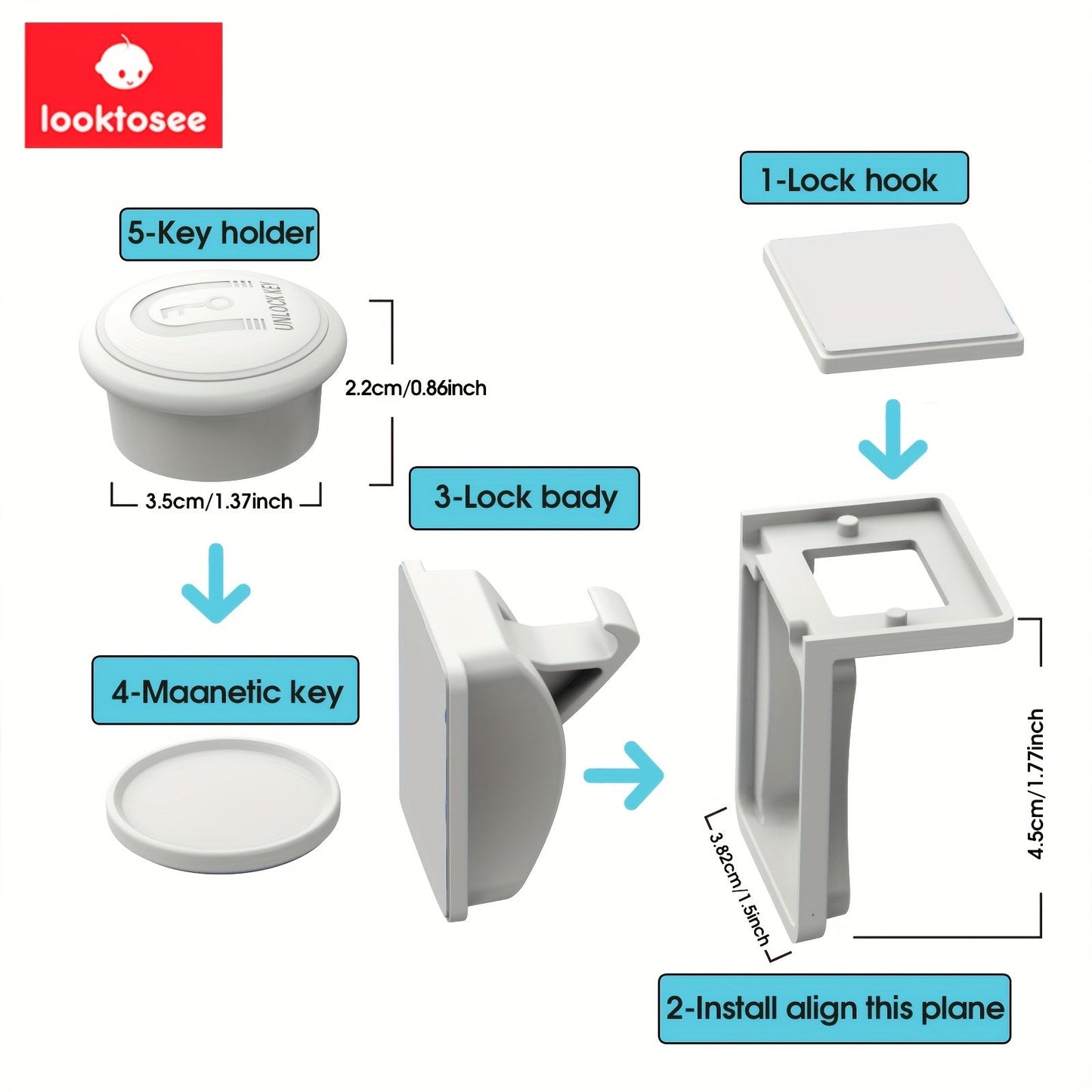 Set of 4 Babyproof Magnetic Cabinet Locks, Secure Cupboard and Drawer Latches for Children, Easy Adhesive Installation - Includes 1 Key Holder and Transparent Sticker for Unlock Position, Child Safety Strap Locks for Cabinets and Drawers.