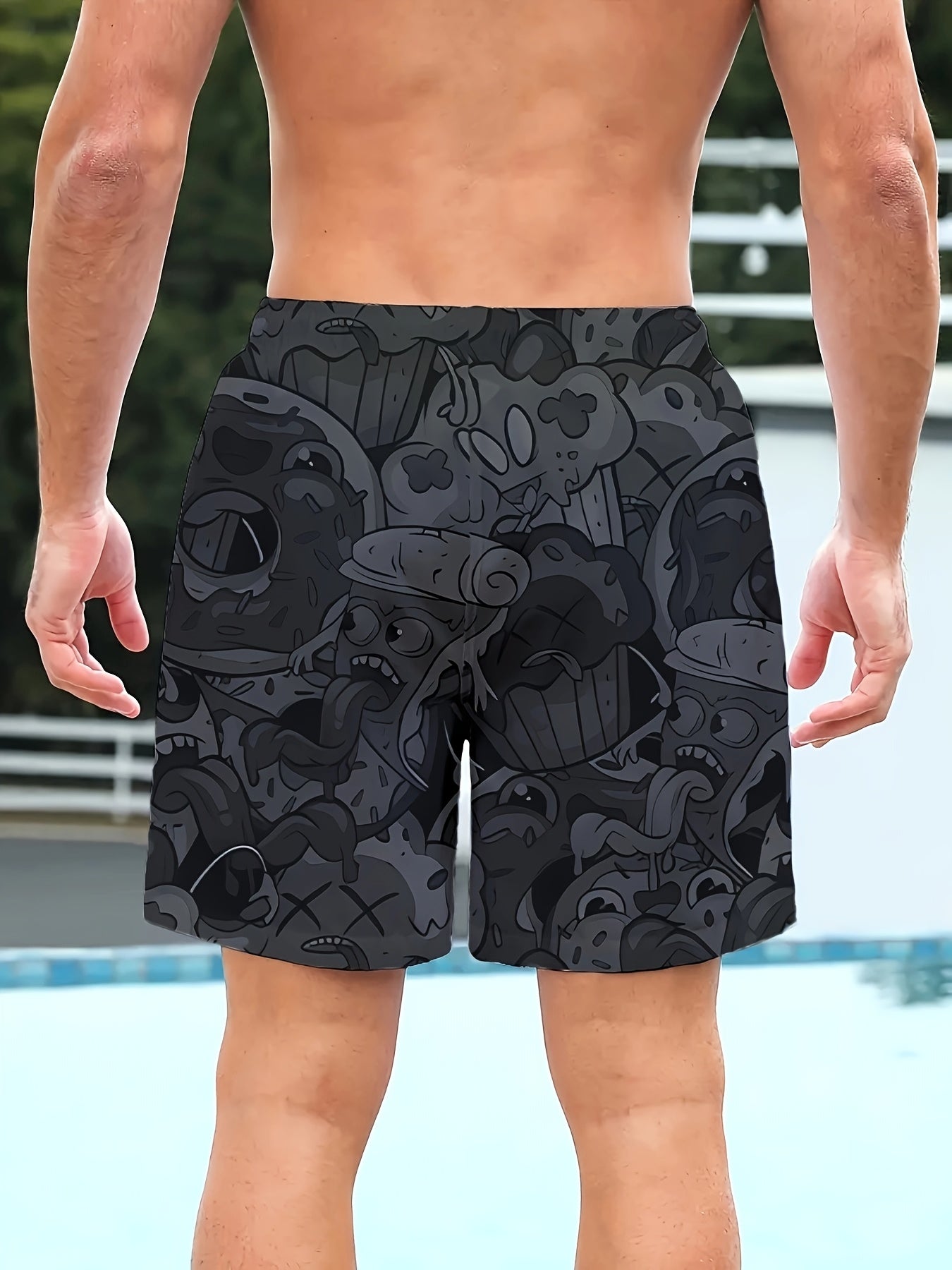 Men's plus size summer beach shorts made of polyester and spandex with a slight stretch, regular fit with pockets, sports style print, 150g/m².