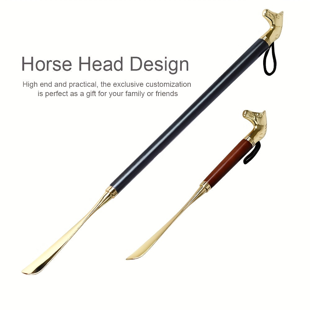 Extra long horse head shaped metal shoehorn, 55.88 cm in length, allows you to wear shoes without bending over.