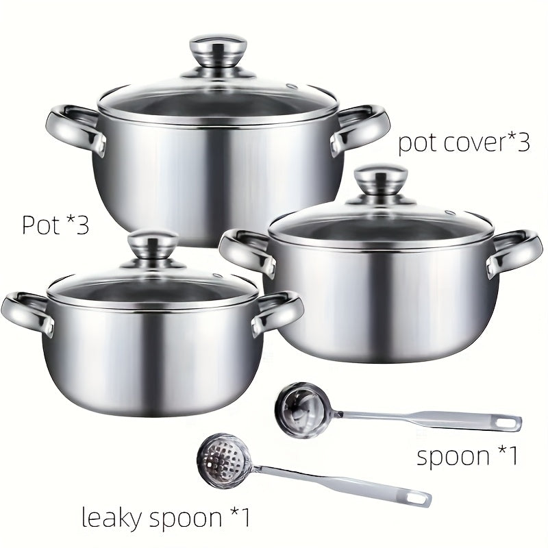 This set includes 8 pieces of stainless steel soup pots that are perfect for cooking. The set includes 3 pots, 3 pot covers, and 2 spoons. These pots are suitable for use on both induction cookers and gas stoves. They feature stainless steel double