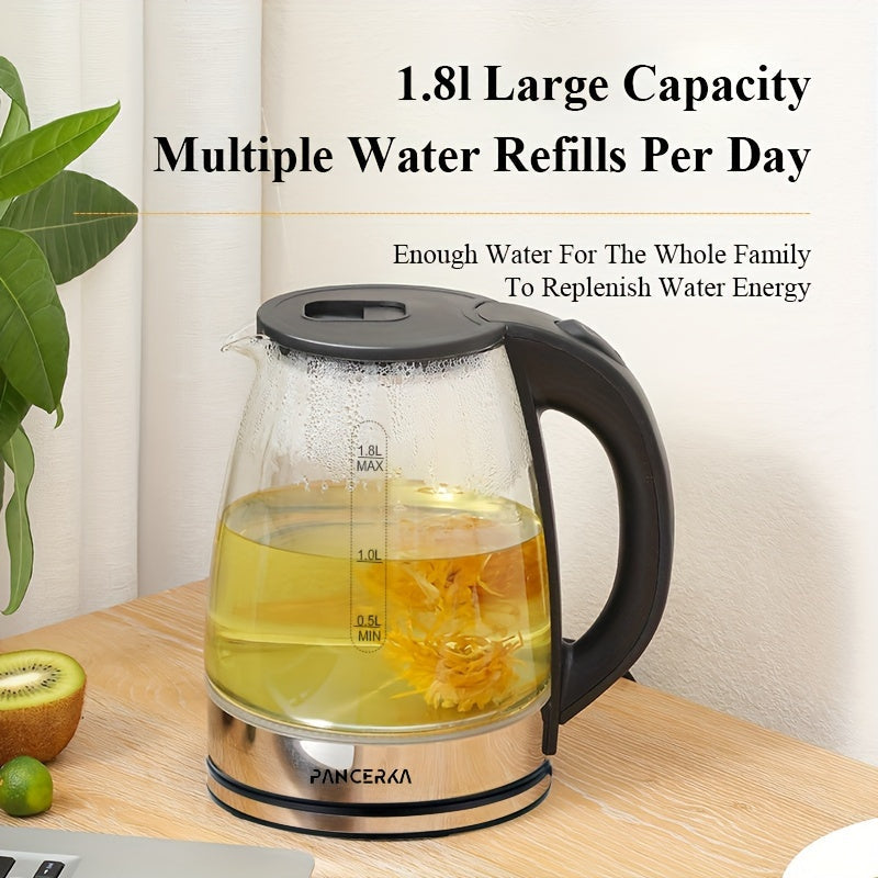 '-1 piece of -PANCERKA- Electric Kettle designed for making coffee and tea. It has a 1.8L capacity and operates at 1500W. Made from durable Borosilicate Glass with an easy-to-clean wide opening. Features include an auto shut-off function, cool touch