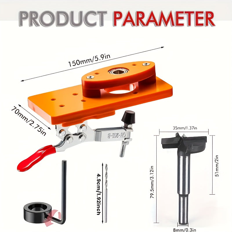 Eshiklar va shkaflar uchun 35mm Hinge Drill Guide Jig Set, ko'rinmas teshik punch joylashuvchisi bilan yog'och ishlash asboblari to'plami.