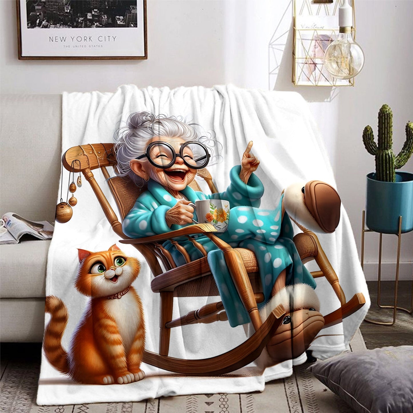 Stay warm and cozy with the 1pc Cozy Senior Life Flannel Throw Blanket featuring a charming Grandma in Rocking Chair with Cat print design. This contemporary style blanket offers all-season comfort with its knitted polyester material. It's the ideal gift