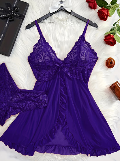 Sexy lace lingerie set for women includes polyester deep V-neck babydoll with ruffle hem, sheer bow-knot shorts, and G-string. Perfect for exotic sleepwear and undergarments.