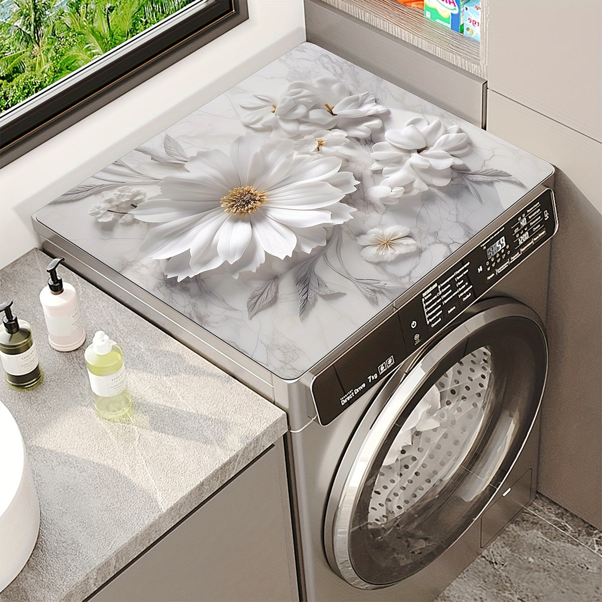 Cover your microwave, refrigerator, and washing machine with this White Floral Print Dust Cover Mat. This quick-dry and absorbent countertop pad is perfect for use in the laundry and kitchen. The size of the mat is 50.04x59.94 cm.