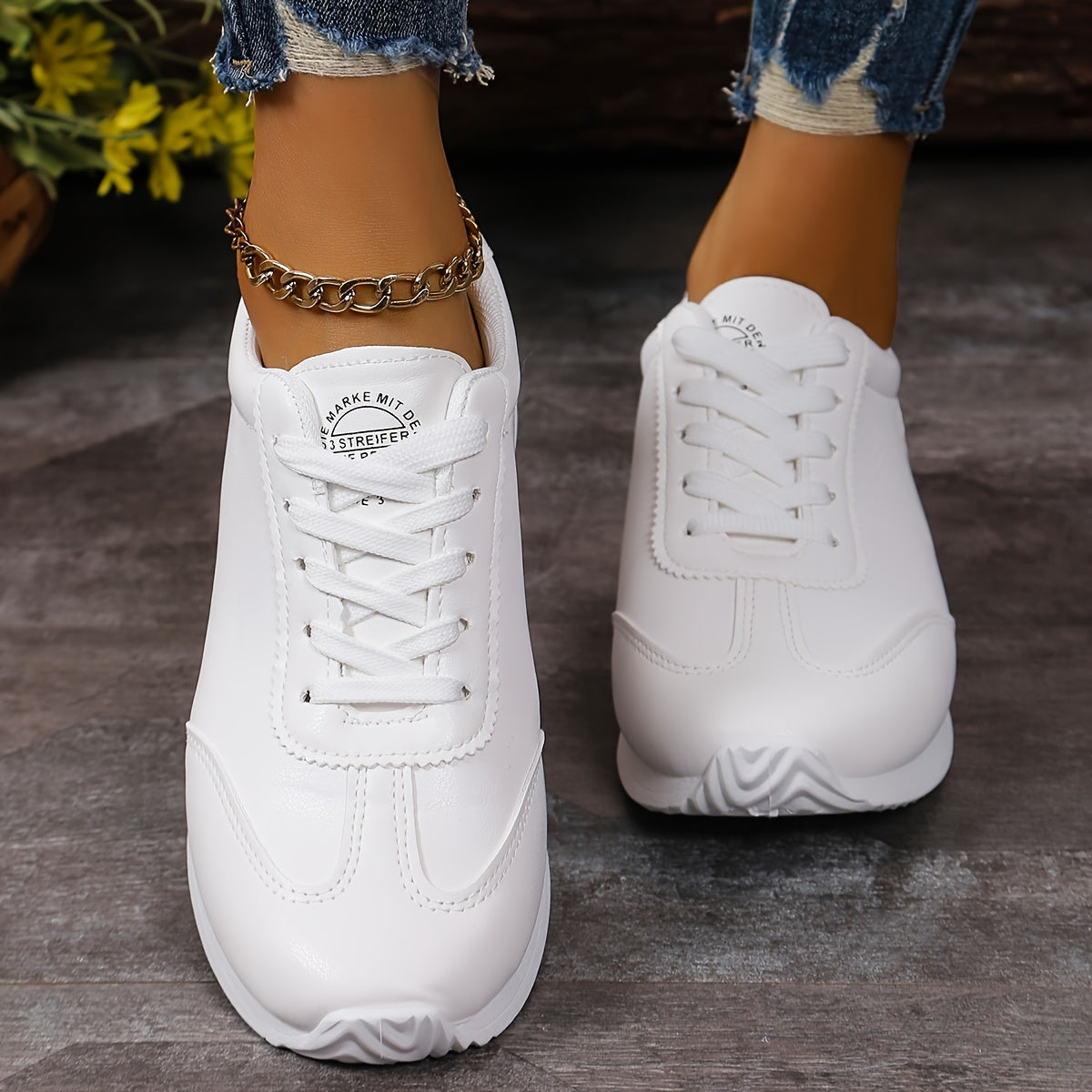 Women's casual sneakers with solid color, lace-up platform, soft sole, and non-slip running trainers.