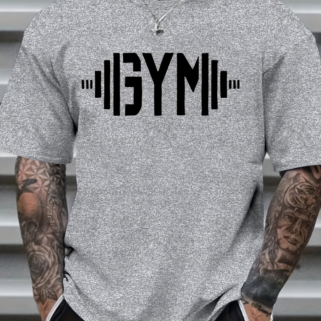 Men's plus size gym t-shirt with crew neck, stretchy polyester knit fabric and random print, suitable for adults and teens in spring/summer/fall