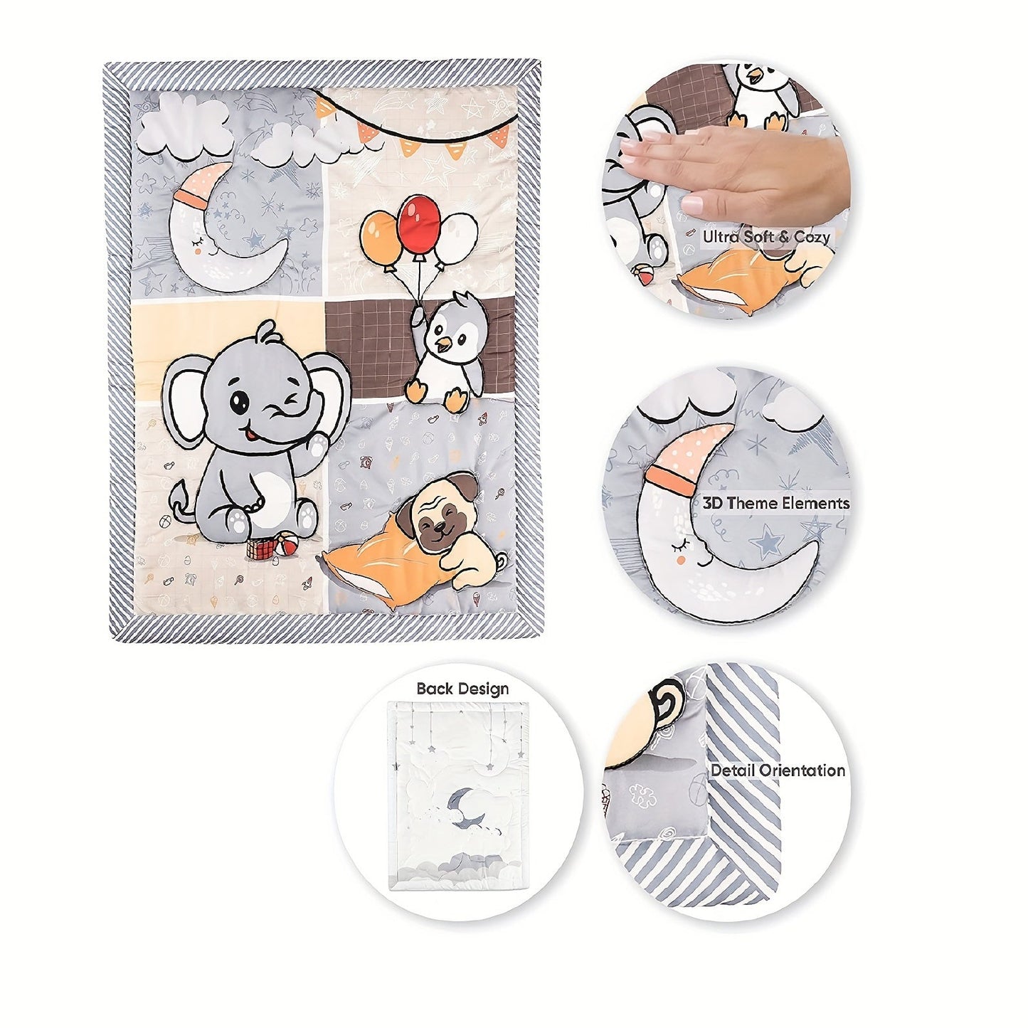 One piece of baby toddler blanket measuring 83.82x106.68cm, suitable for boys and girls. This all-season soft quilt can be used in the baby crib and features adorable elephant and penguin animal designs, perfect for nursery bedding.