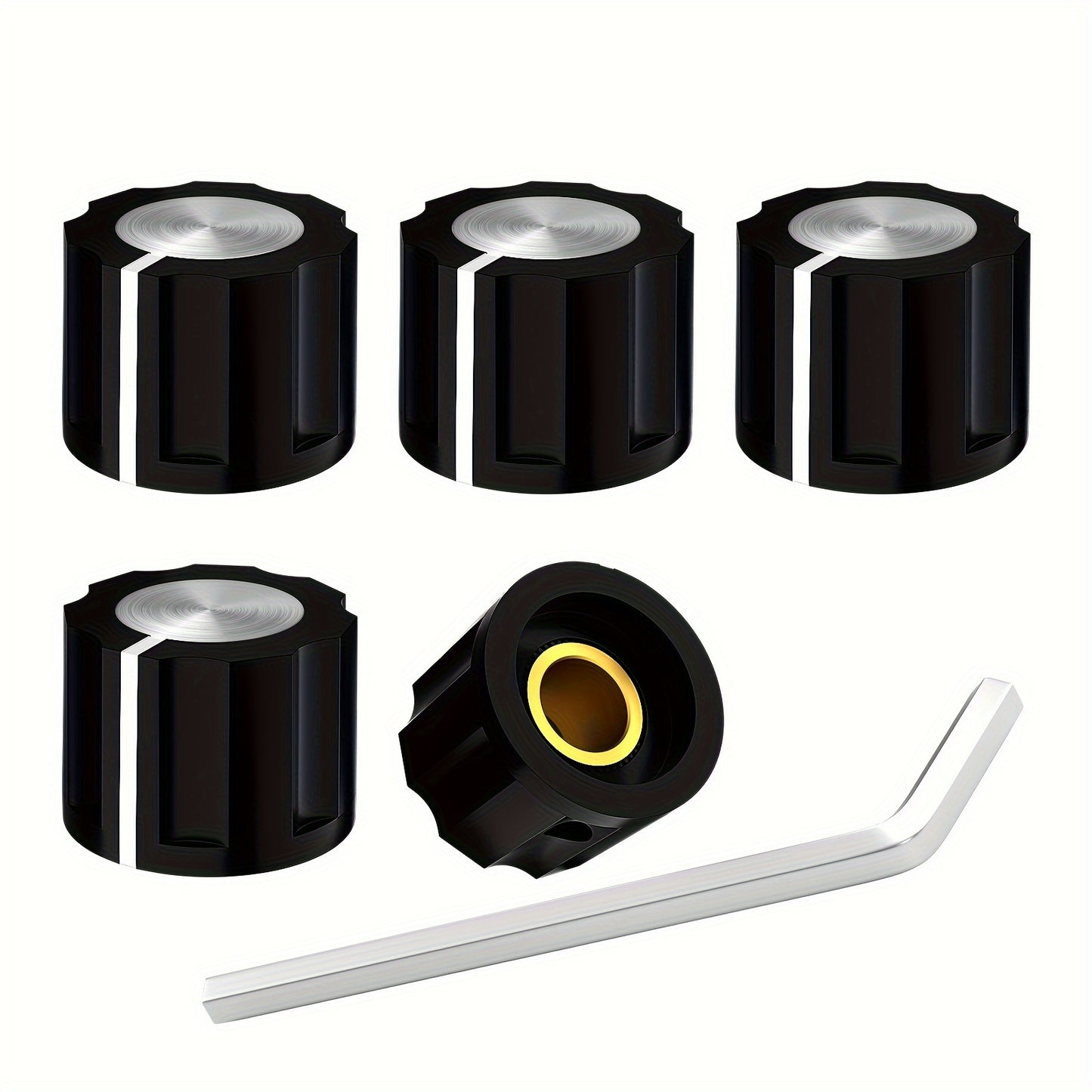 5 Speaker control knobs for 6.35mm shaft potentiometer with set screw.