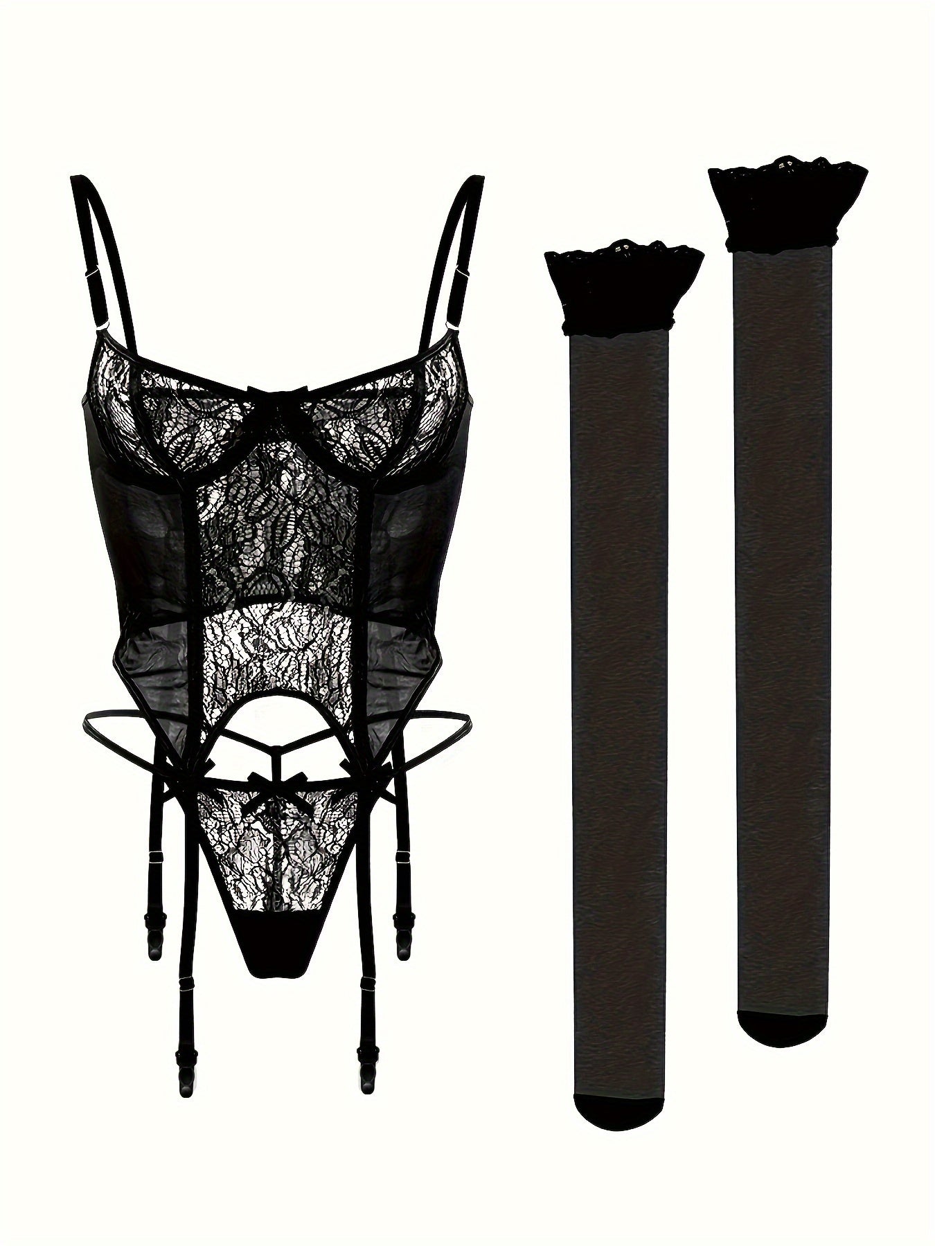 Floral mesh lingerie set with lace bra, garter belt, G-string, and lace stockings for women.