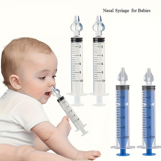 Set of four nasal aspirators for infants aged 0-3 years, made of BPA-free plastic. Includes safe suction syringes in blue, transparent, and pink colors - ideal for gentle nose cleaning.