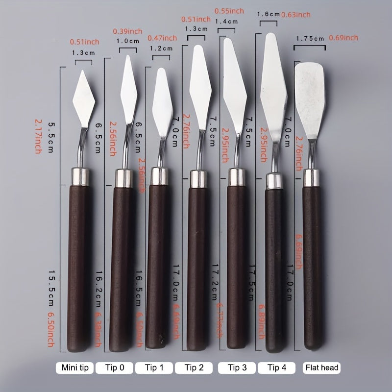 Set of stainless steel palette knives for oil painting, available in various sizes and shapes.