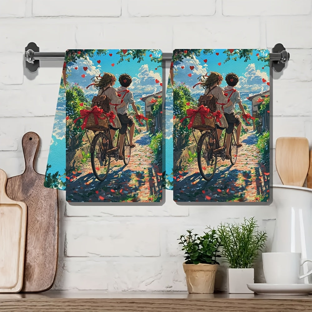 This set includes 2 ultra-soft kitchen towels showcasing an anime couple riding a tandem bicycle decorated with red ribbons and heart-shaped bells on a scenic country road. These highly absorbent dish towels are ideal for holiday decor, can be easily