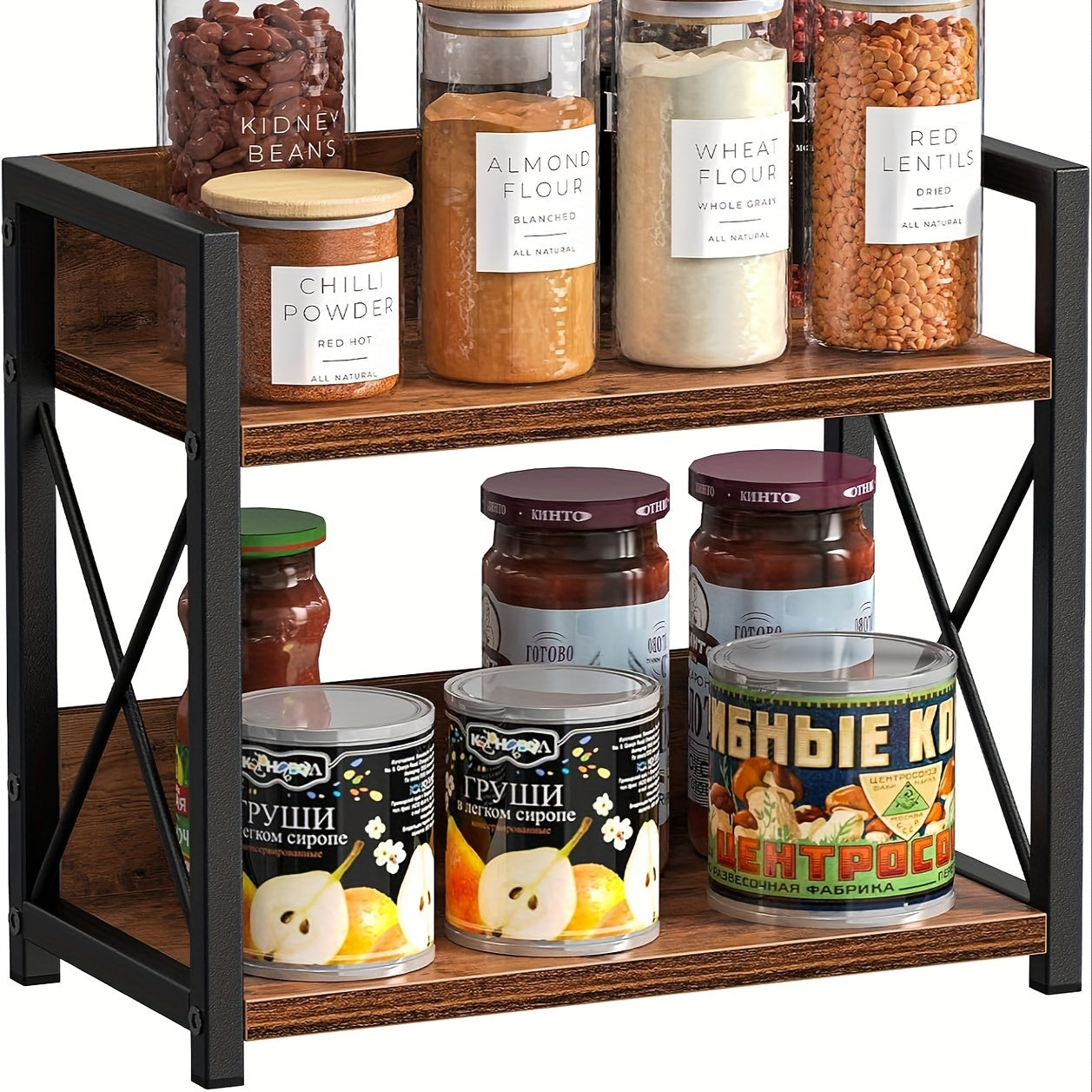 Wood and metal spice rack for kitchen with open design, Rustic Brown 2-Tier Countertop Organizer perfect for Coffee station storage shelf.