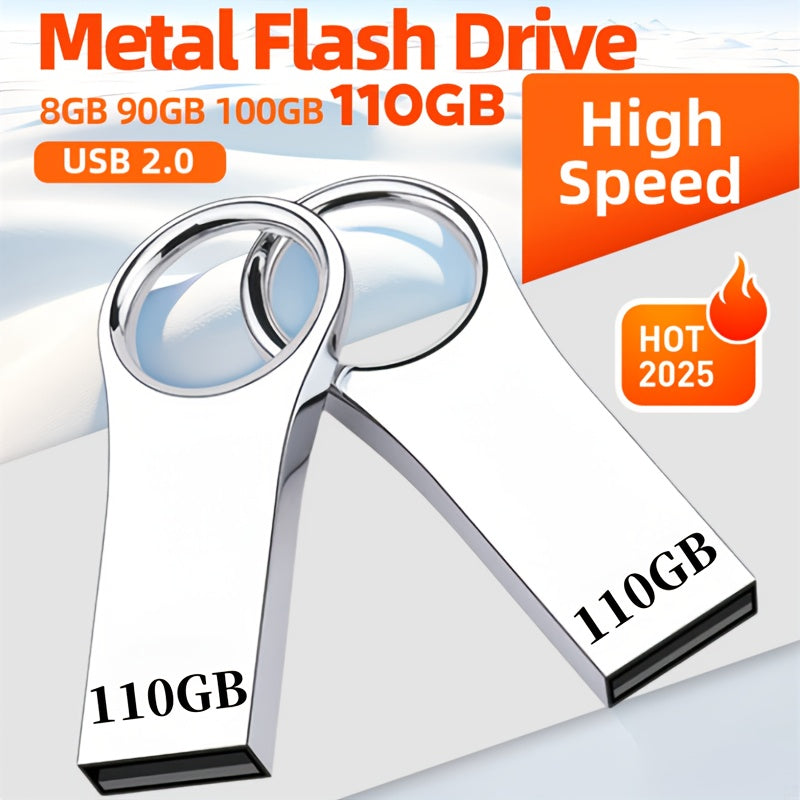 Metal flash drive with capacities from 8GB to 110GB, high-speed USB 2.0, keychain for easy transportation, ideal for storing photos, videos, and files.