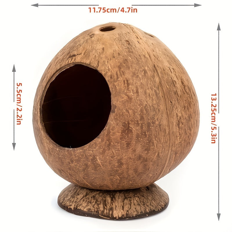 1pc Rat Coconut Nest for small pets to keep warm in winter, made from coconut shell with base for Squirrel, Hedgehog, Hamster, Sugar Glider, Parrot, and other birds.