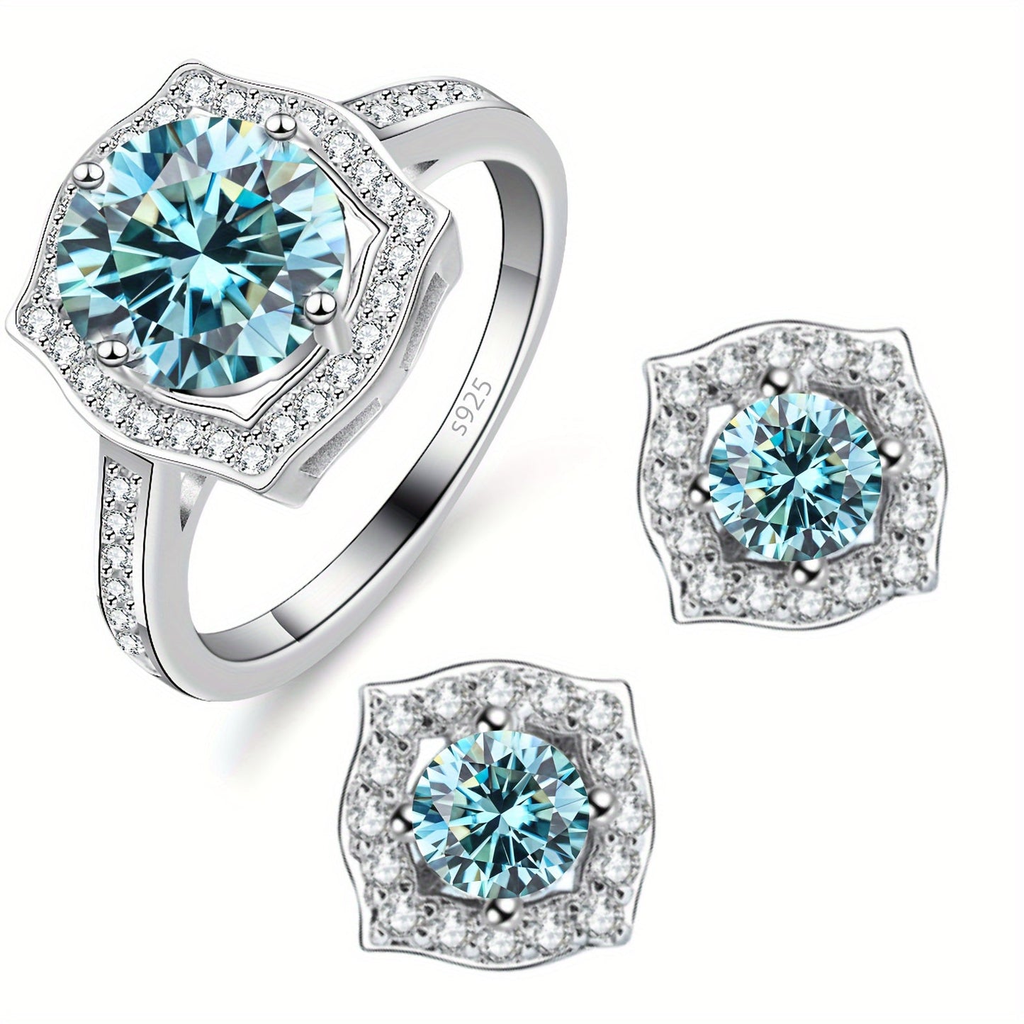 3-piece set of high-quality jewelry from Gems Lady, featuring a 2-carat Moissanite ring and two 1-carat Moissanite ear studs. Made of hypoallergenic S925 sterling silver, this set comes in a gift box and is perfect for weddings, parties, and as a stylish