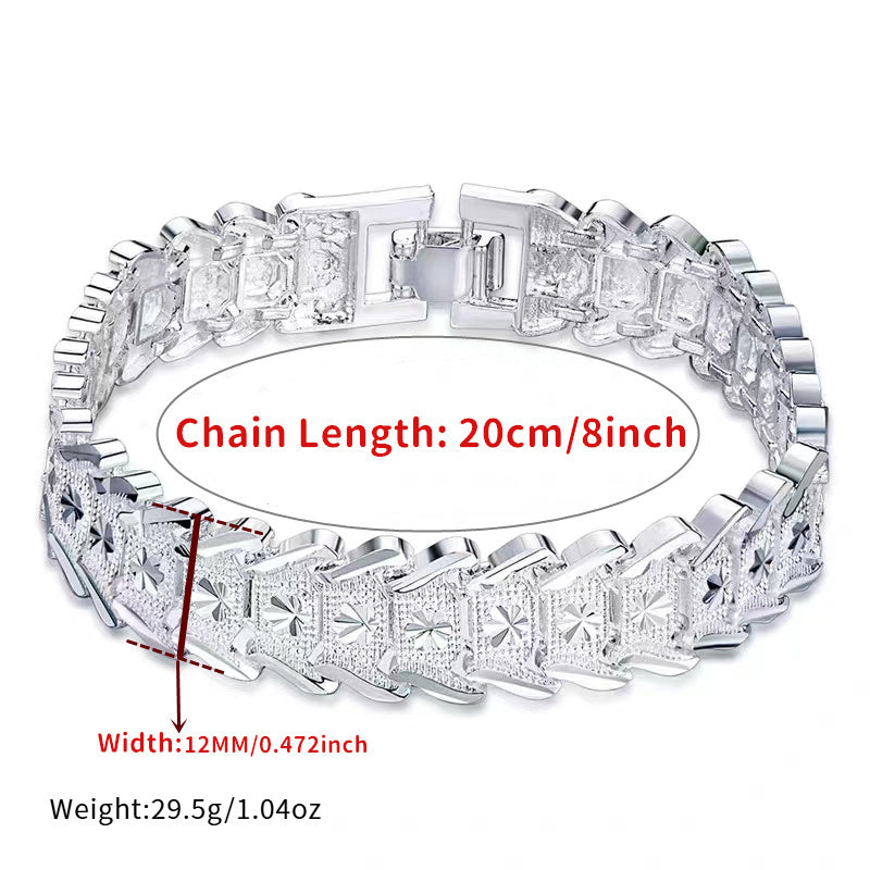 Sophisticated Men's S925 Sterling Silver Wide Bracelet featuring a European Coin Design, 12mm in size. Hypoallergenic and suitable for both daily wear and special occasions, this bracelet exudes a retro and French-inspired style. Perfect gift for