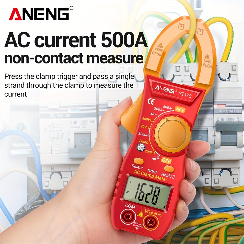 ANENG ST170 is a digital clamp meter with 500A AC current, 1999 counts, AC/DC voltage testing, Hz measurement, capacitance testing, non-contact voltage detection, resistance testing, and