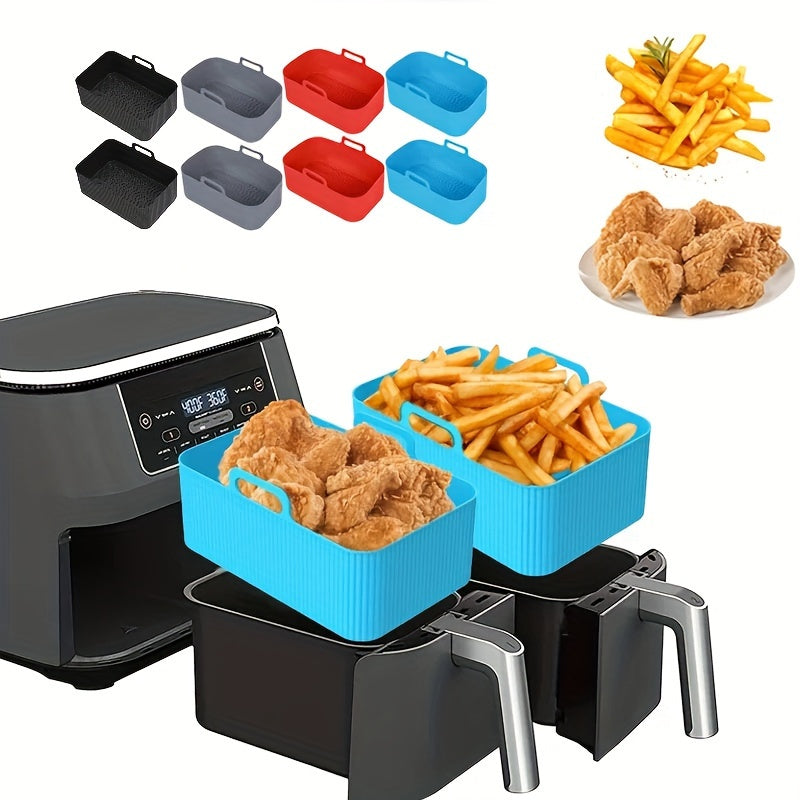 Set of 2 Silicone Air Fryer Liners in a rectangular shape (19.48cm X 12.5cm) for your NINJA DZ201 air fryer. These liners can be used as pots, basket bowls, and baking trays, making them versatile and reusable kitchen accessories. Perfect for baking and